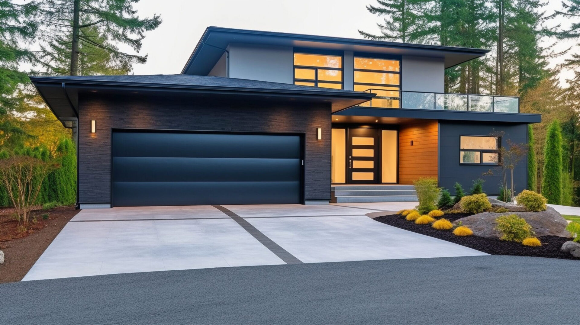 modern home with wide garage double door and concrete driveway
